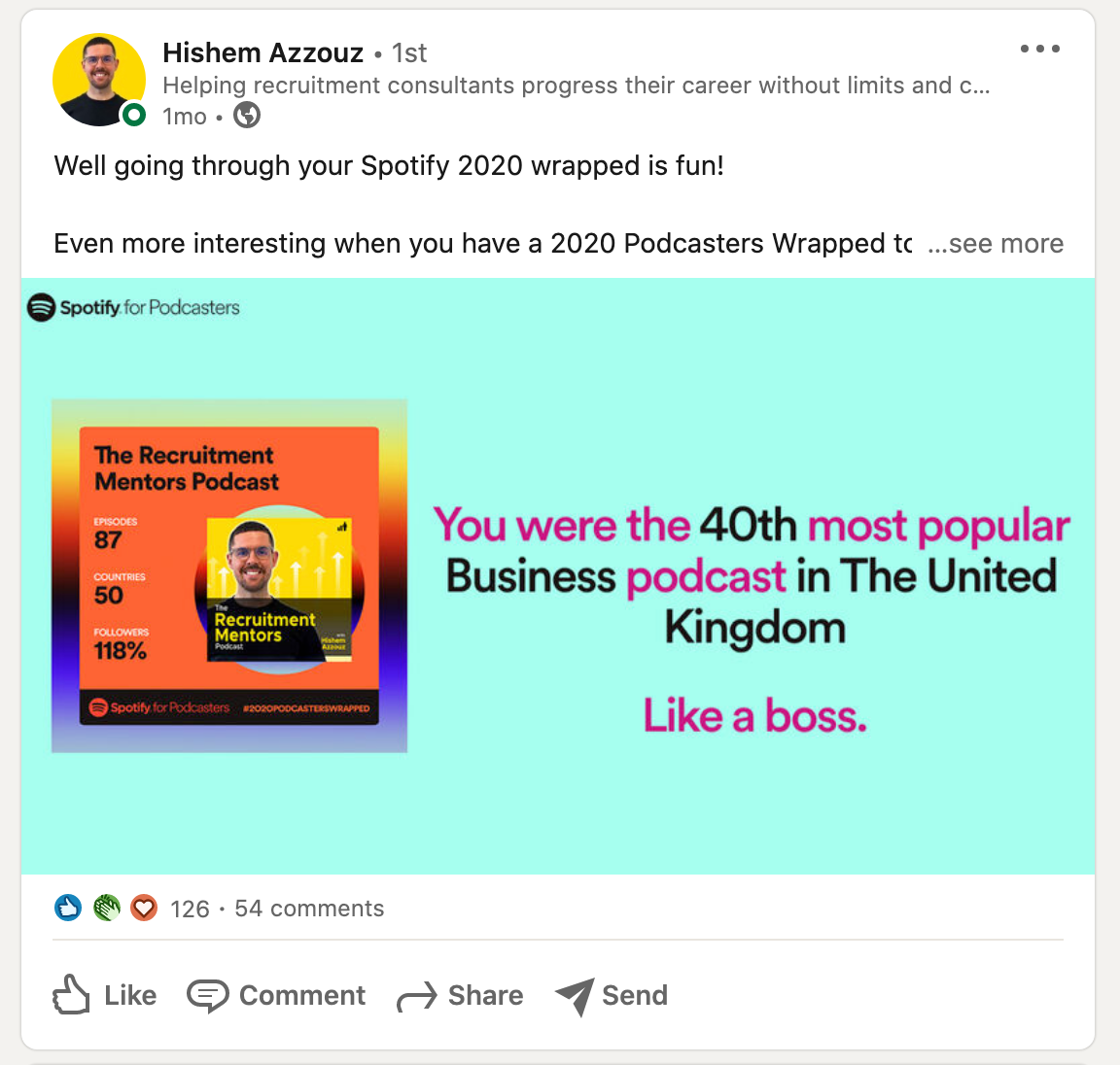 A LinkedIn post by Hishem Azzouz, sharing his Spotify Wrapped results with followers.