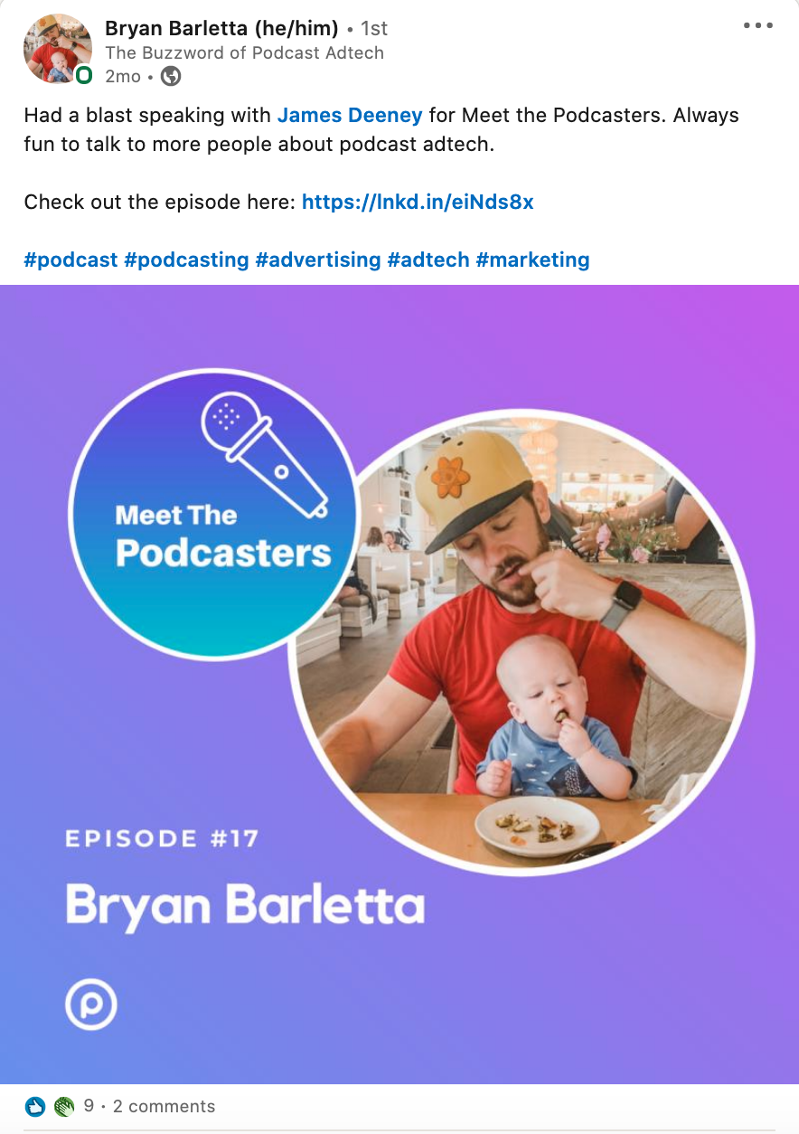 A LinkedIn post promoting a new episode of the Meet the Podcasters podcast.