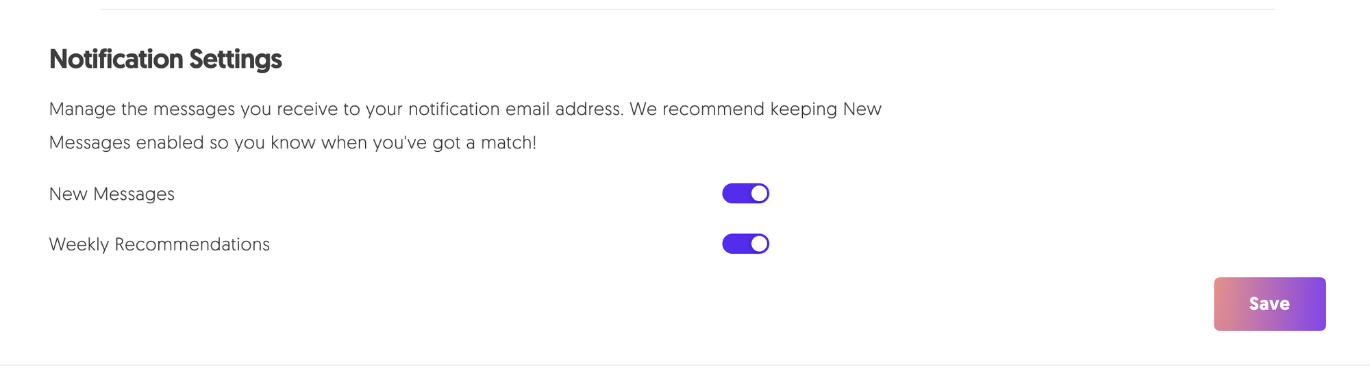 A shot of MatchMaker.fm's notification settings section.