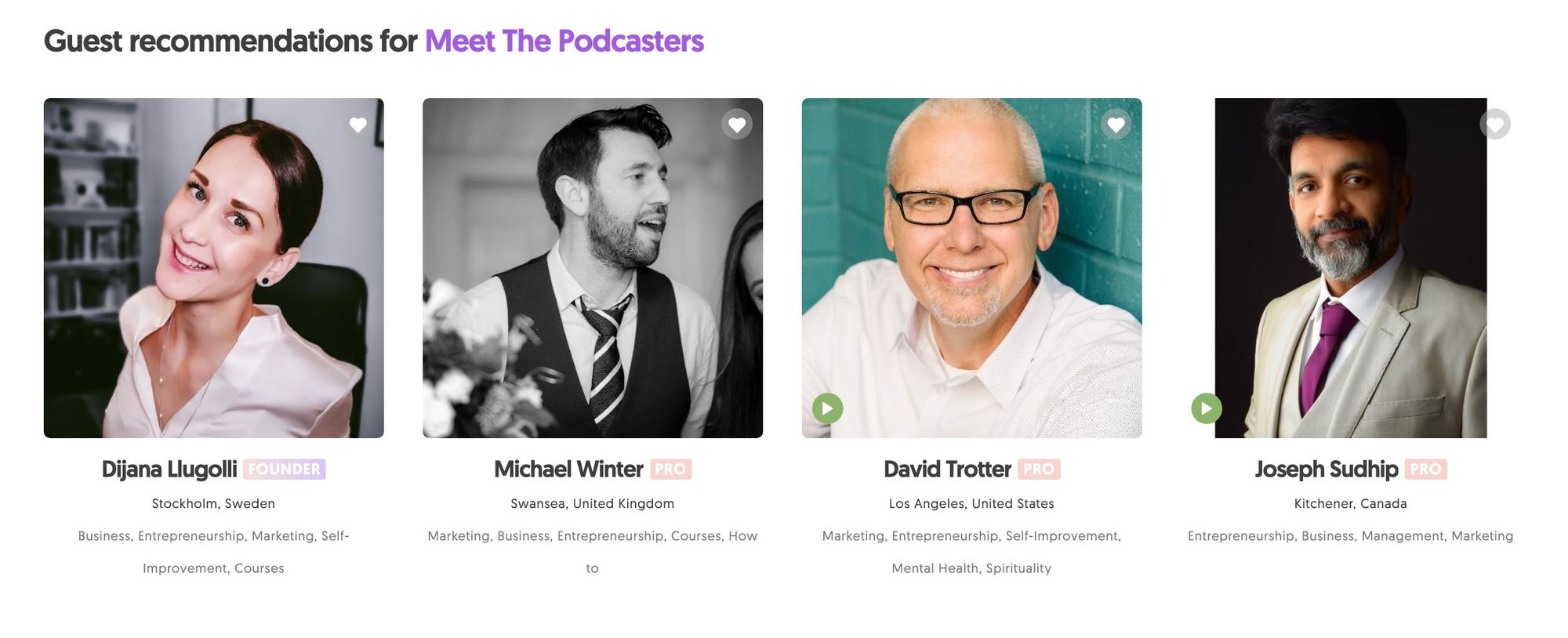 Four MatchMaker.fm guest profiles on a white background.