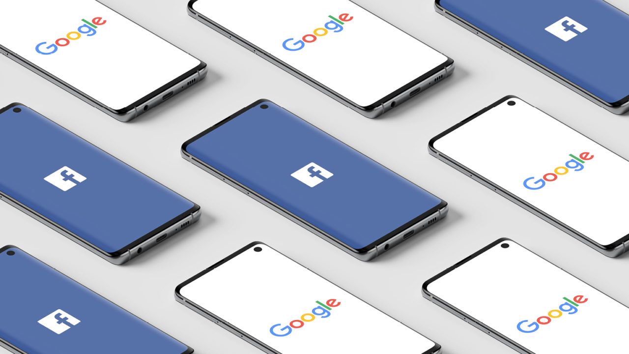 Four mobile phones displaying the Facebook app's startup screen. There are also five mobiles displaying the Google logo.