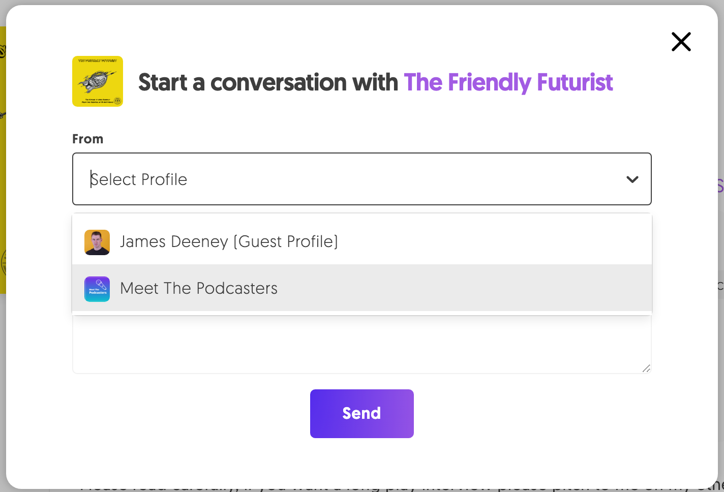 A shot of MatchMaker.fm's "Start a Conversation" feature.