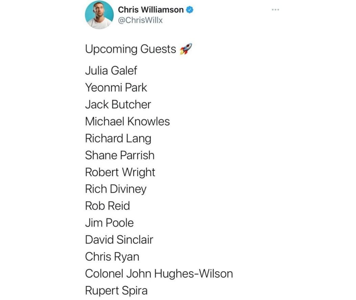 A tweet from podcaster Chris Williamson, telling listeners about his upcoming guests.