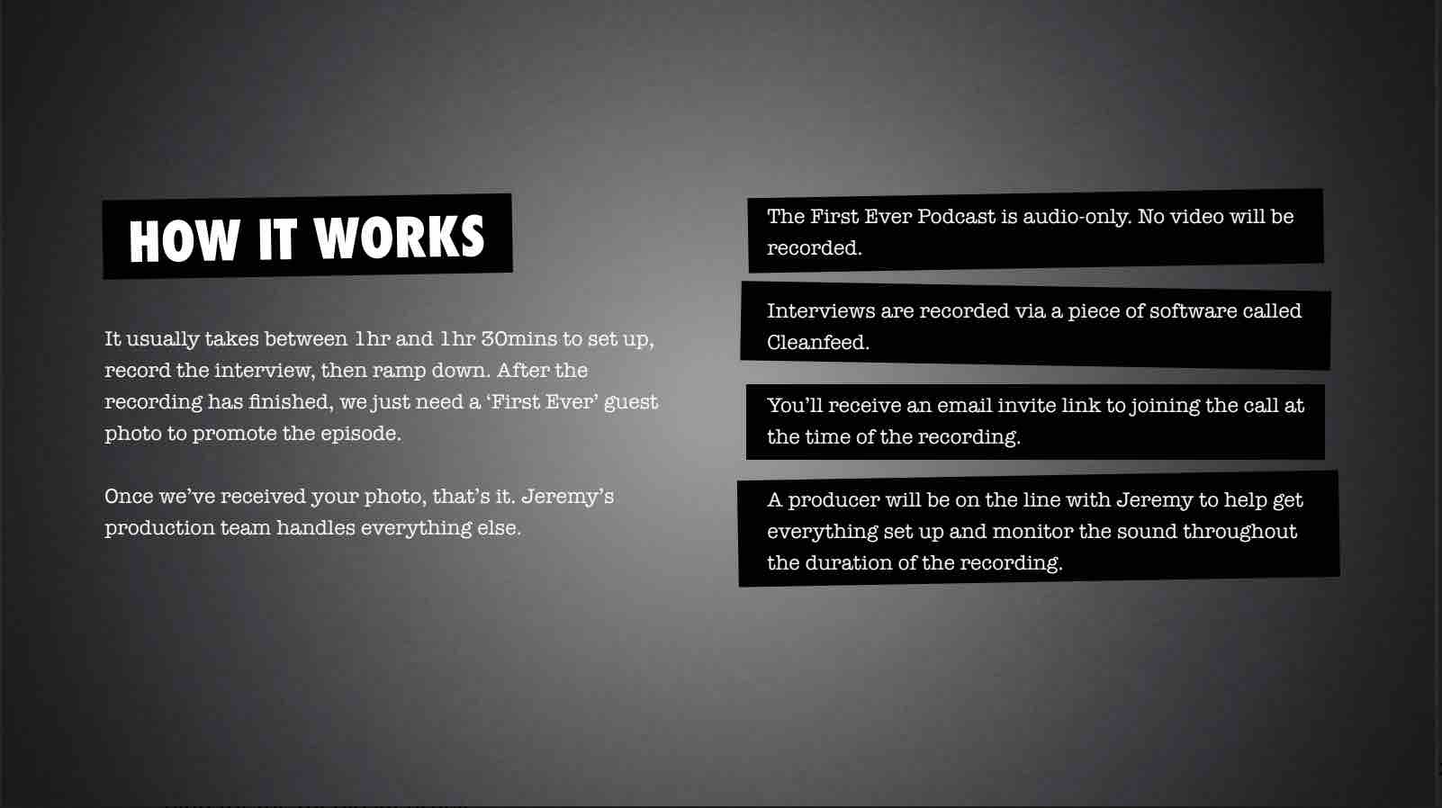 Page 8 of The First Ever Podcast's podcast media kit.