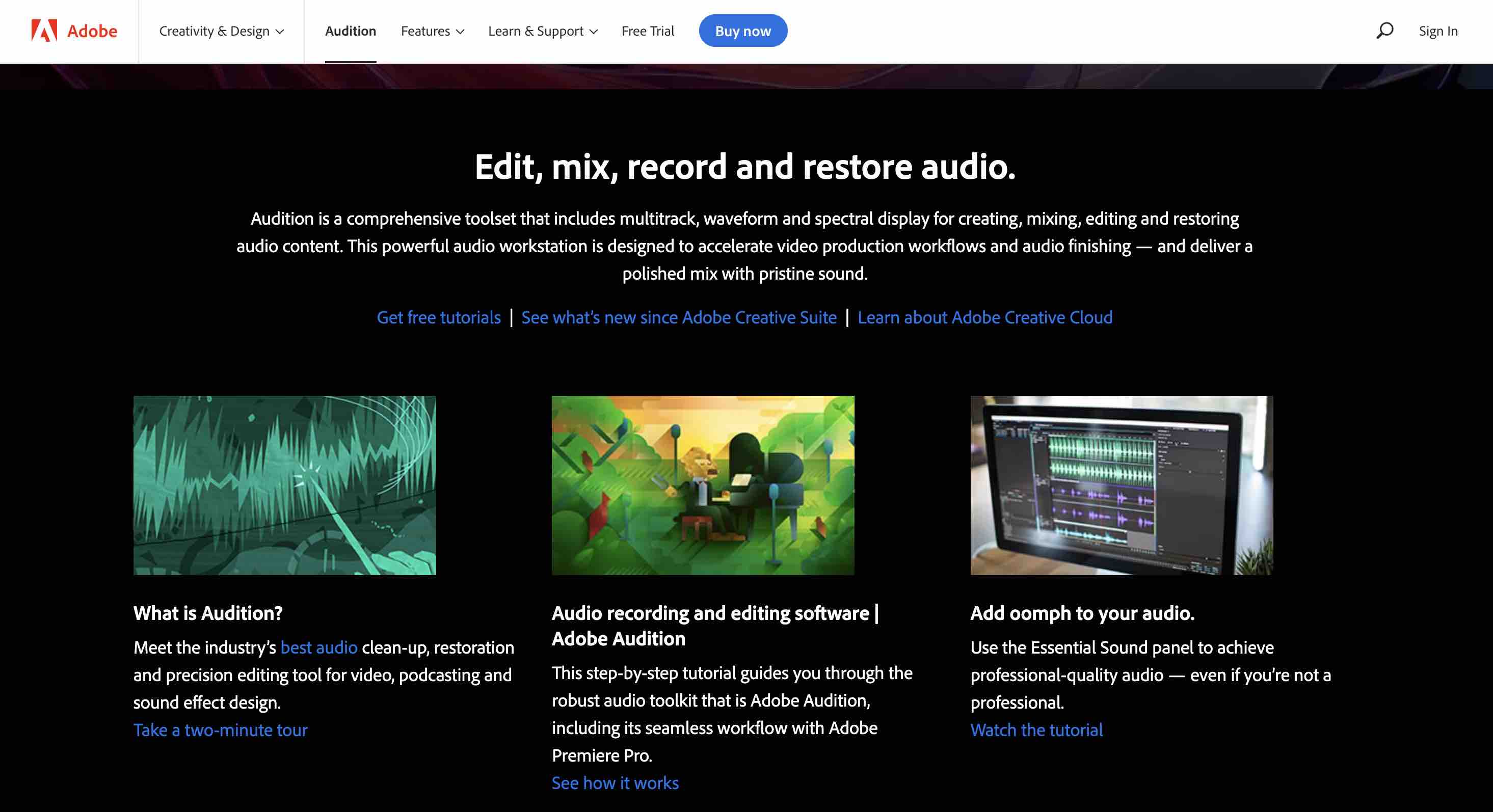 A screenshot of Adobe Audition's website homepage.