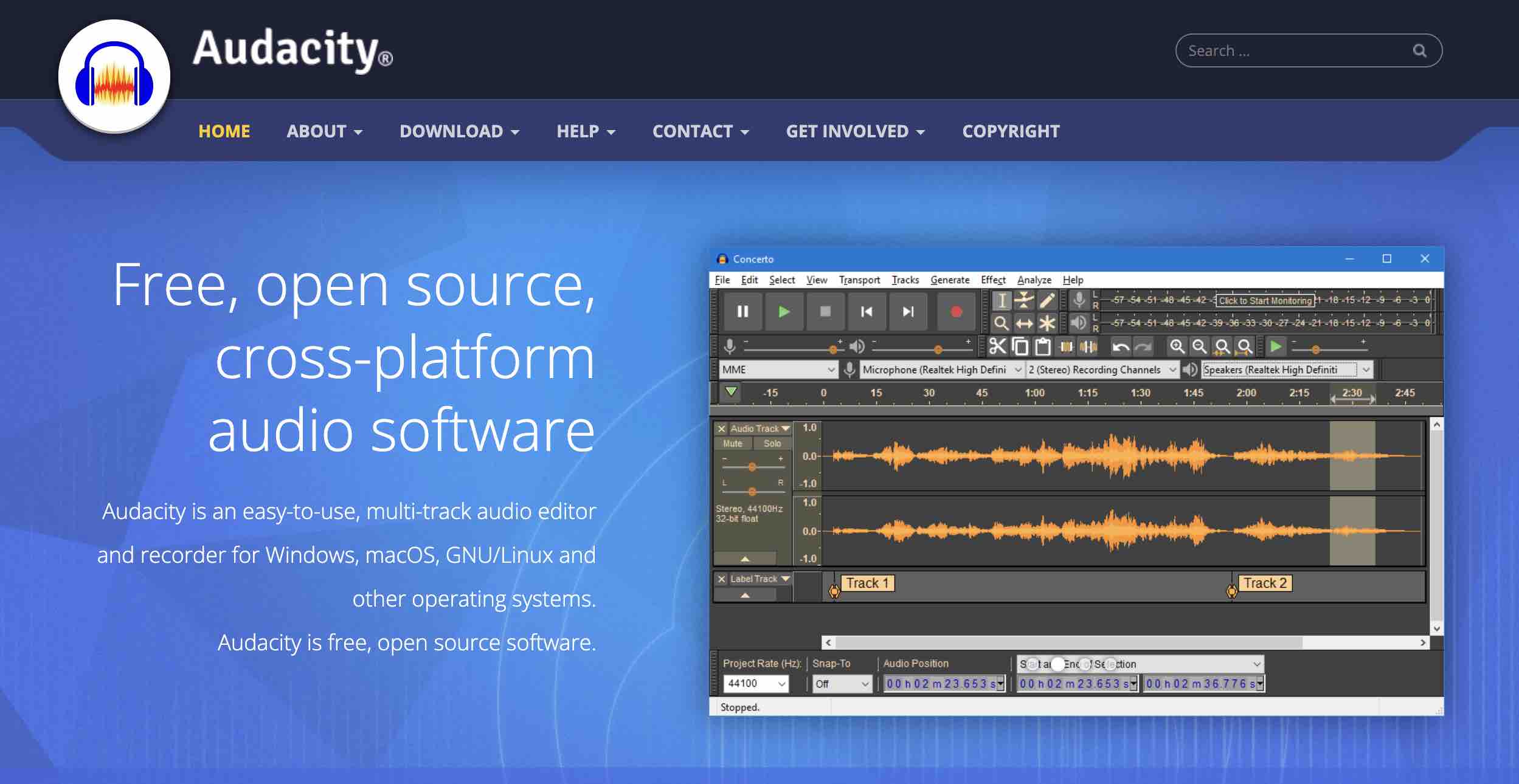 A screenshot of Audacity's website homepage.