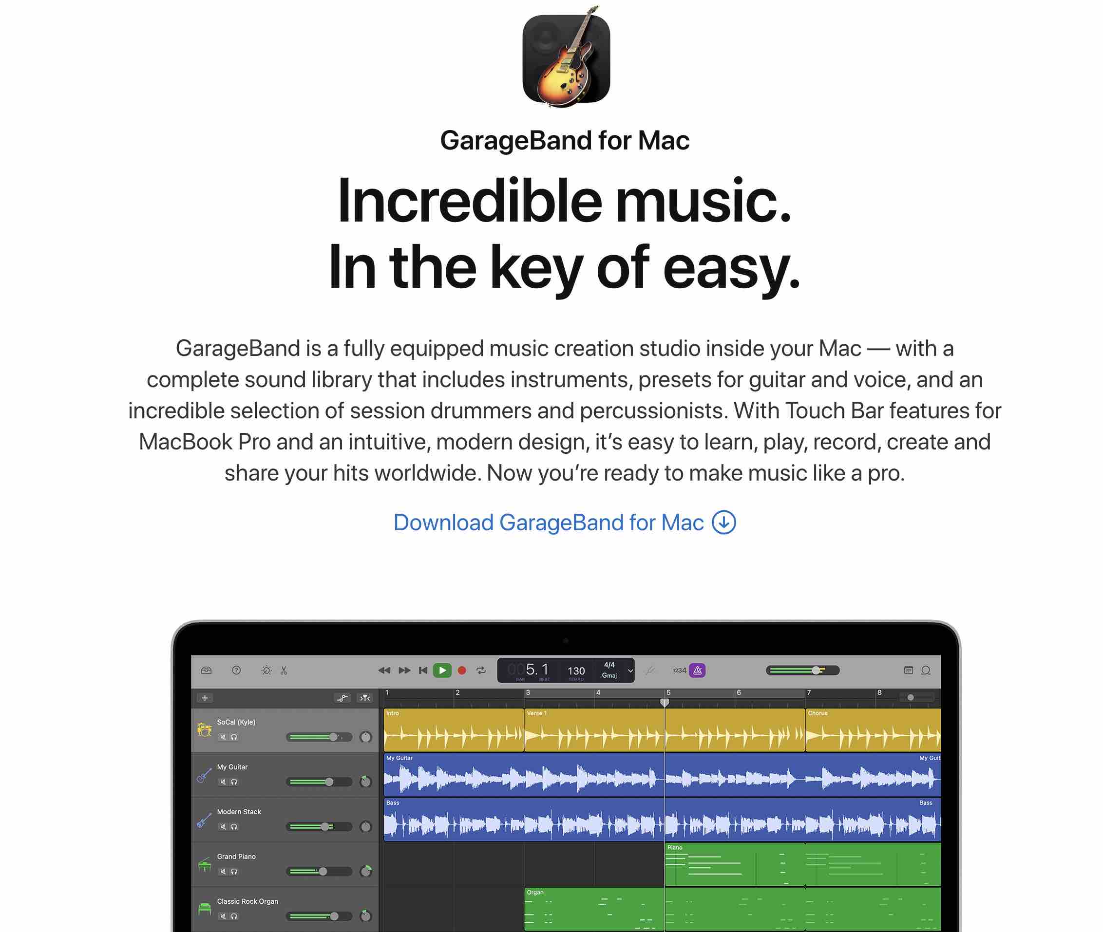 A screenshot of GarageBand's website homepage.