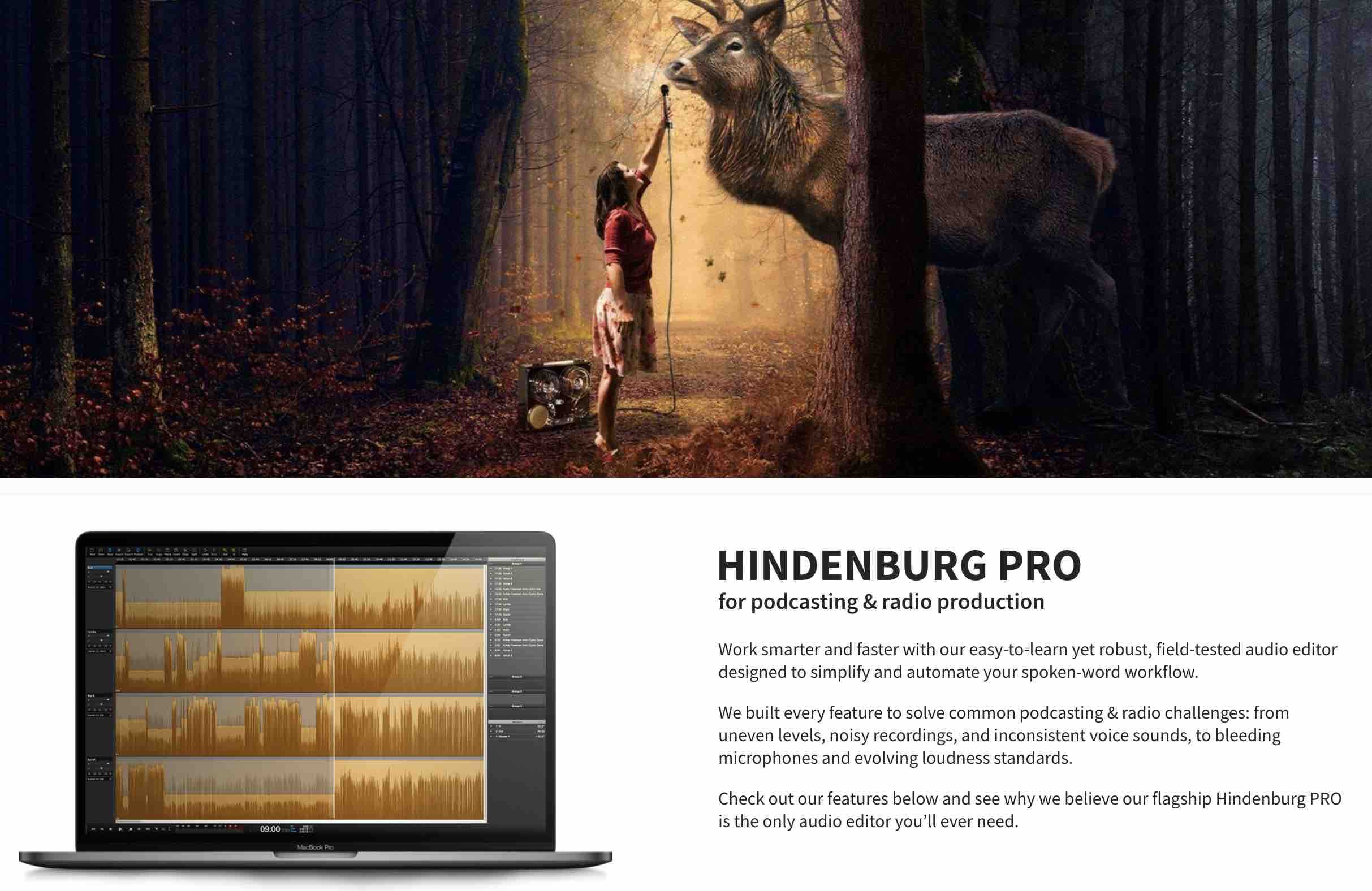 A screenshot of Hindenburg Pro's website homepage.