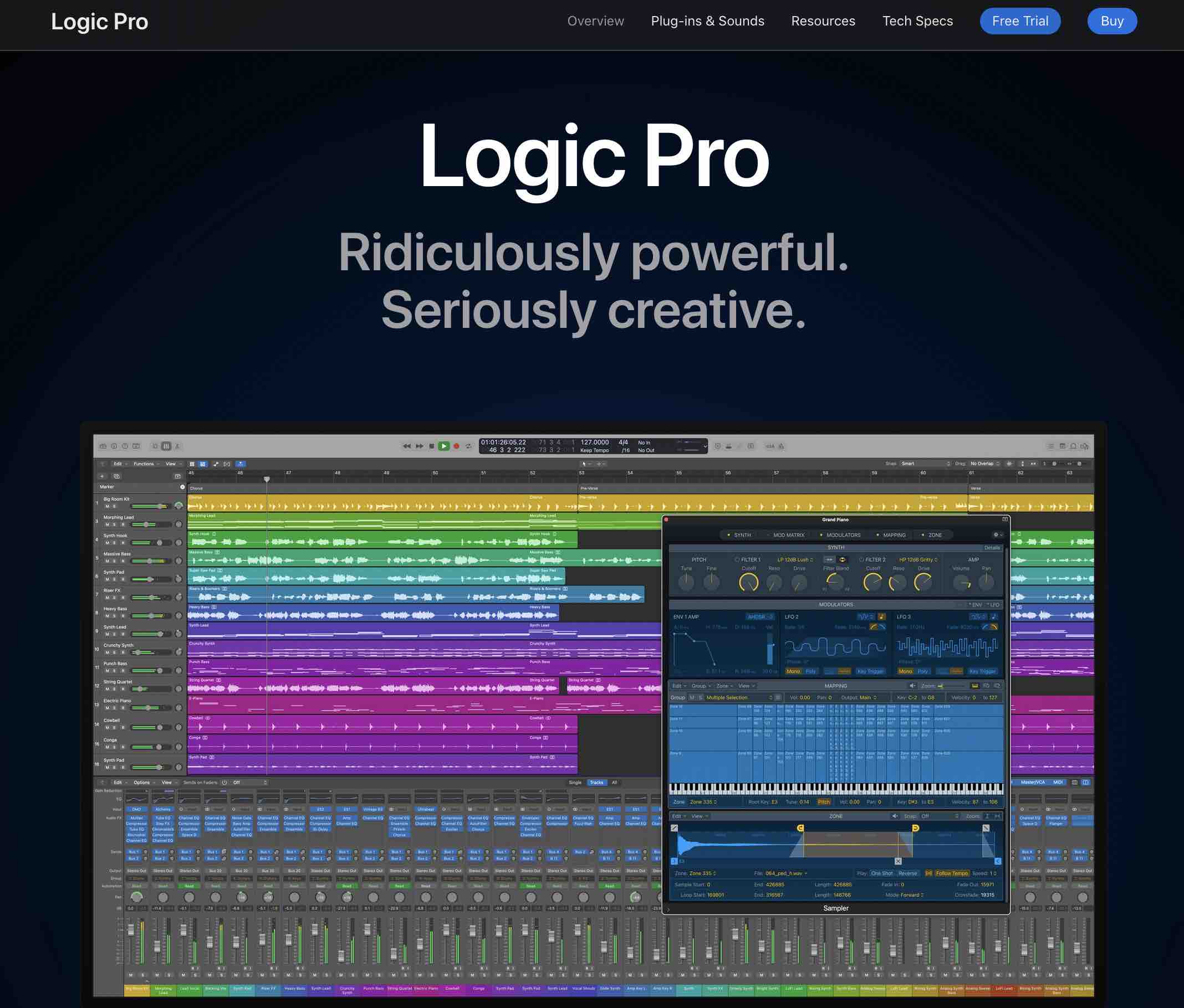 A screenshot of Logic Pro's website homepage.