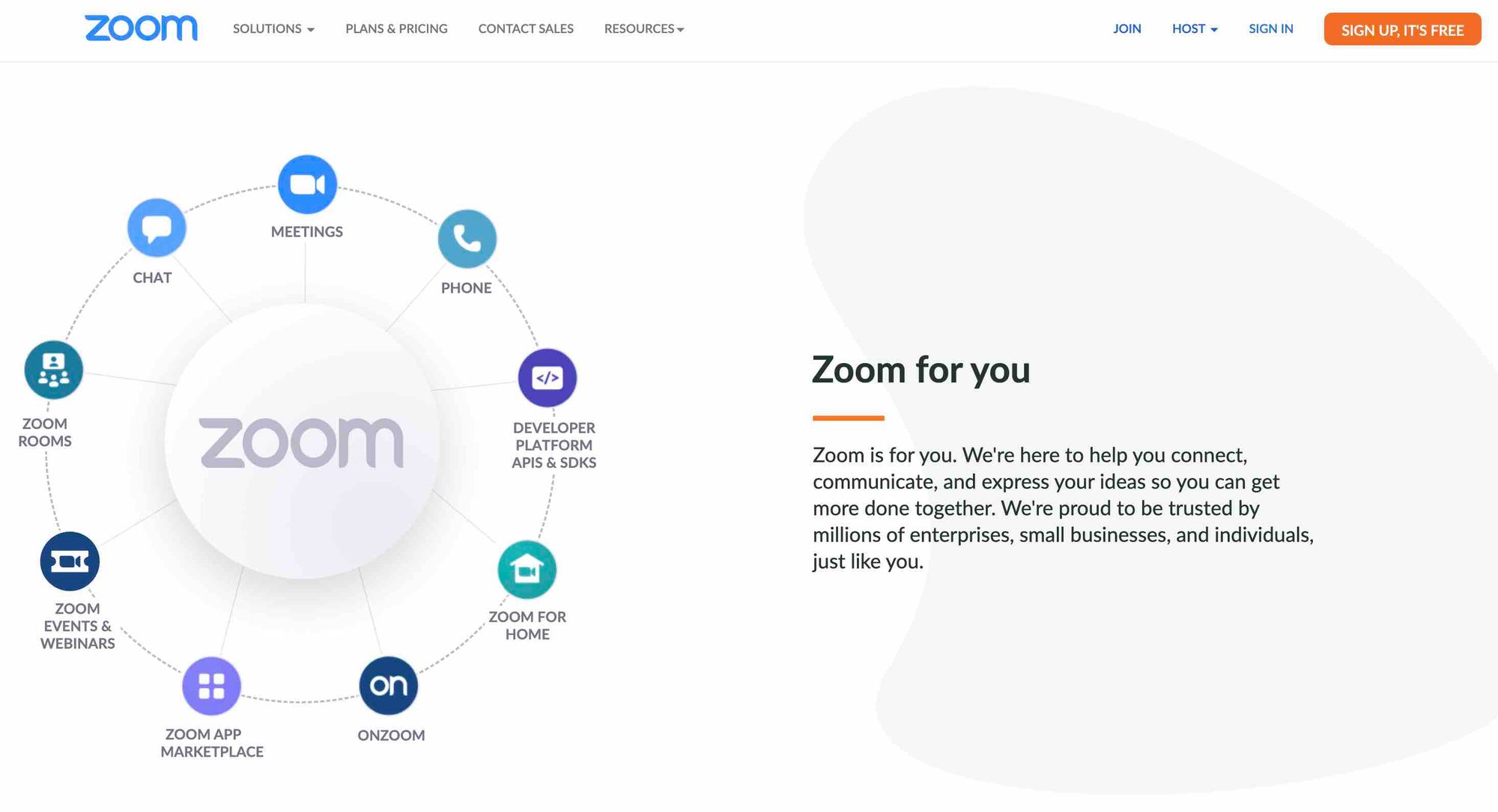 A screenshot of Zoom's website homepage.