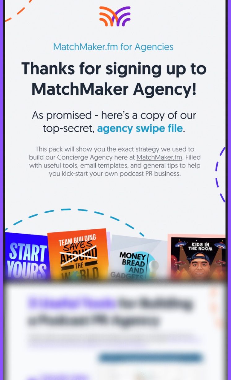 The front cover of MatchMaker.fm's Agency swipe file.