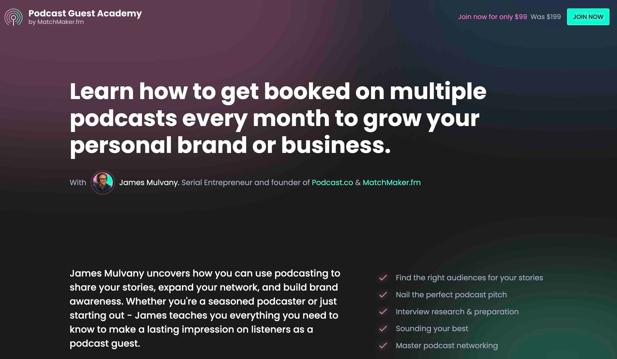 A screenshot of MatchMaker's Podcast Guest Academy course's website landing page.