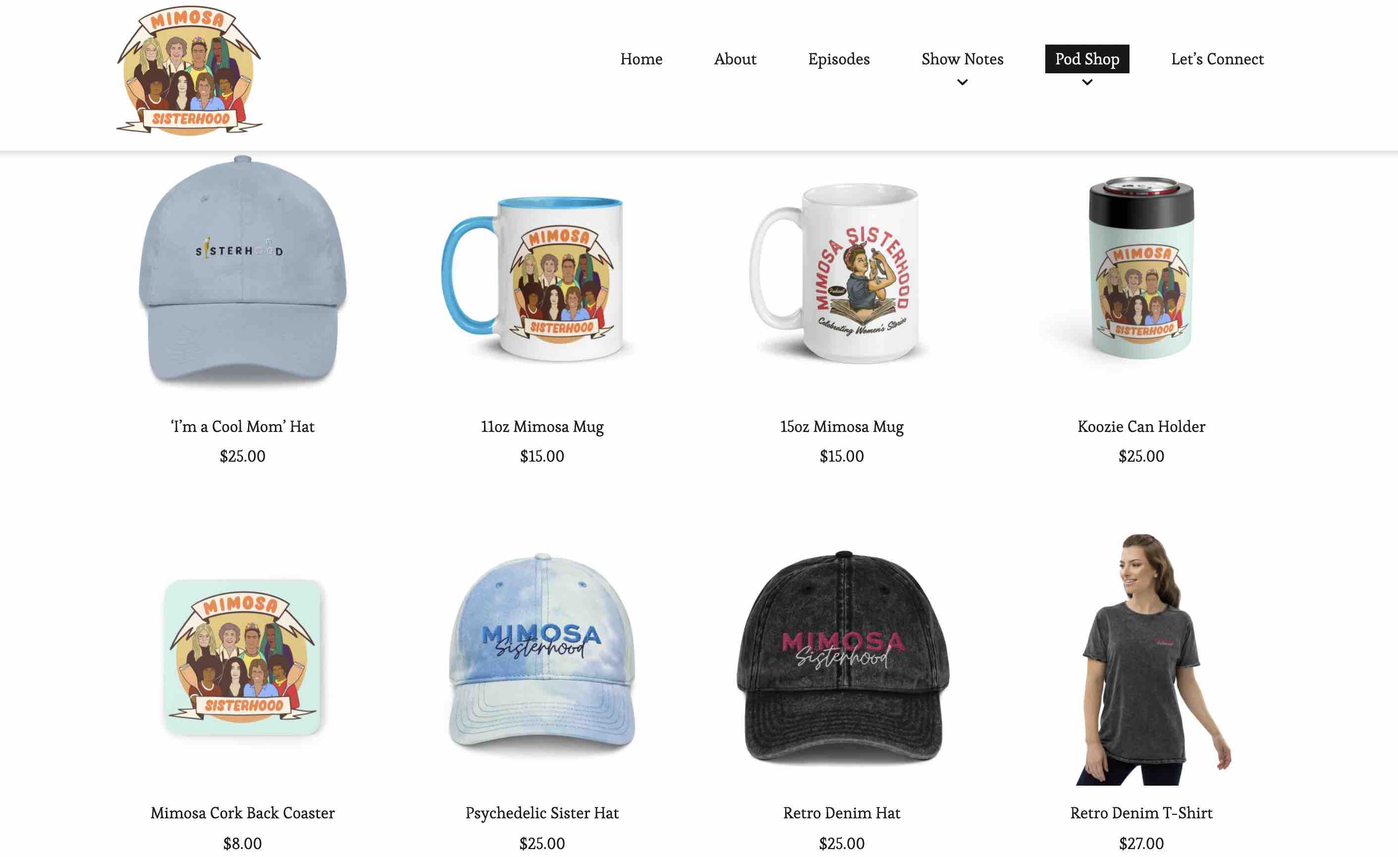 A screenshot of the Mimosa Sisterhood podcast's online merch store.