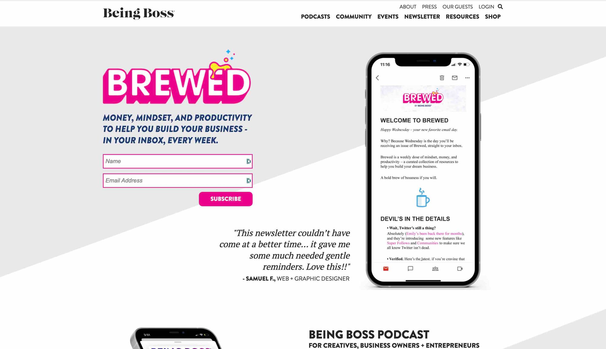 Being Boss' podcast website.