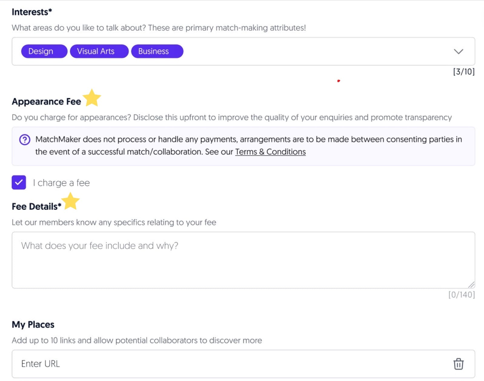 A screenshot showing what it looks like to set up appearance fees on the MatchMaker.fm platform.