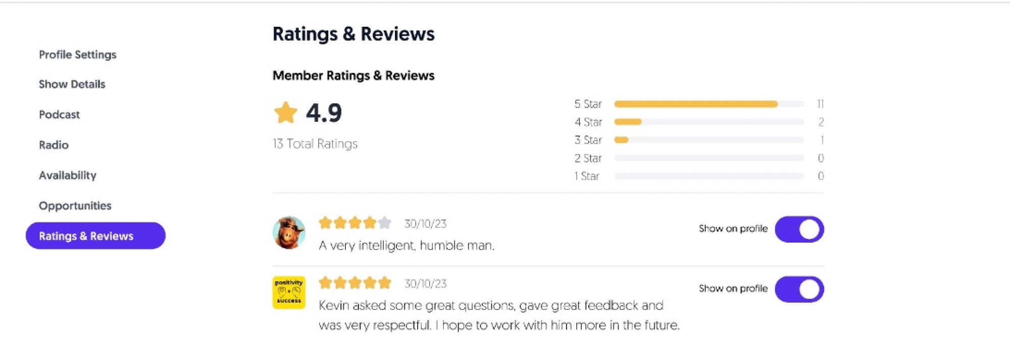 A screenshot of MatchMaker.fm's ratings and reviews feature.