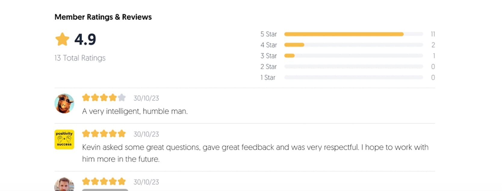 A screenshot of MatchMaker.fm's ratings and reviews feature.