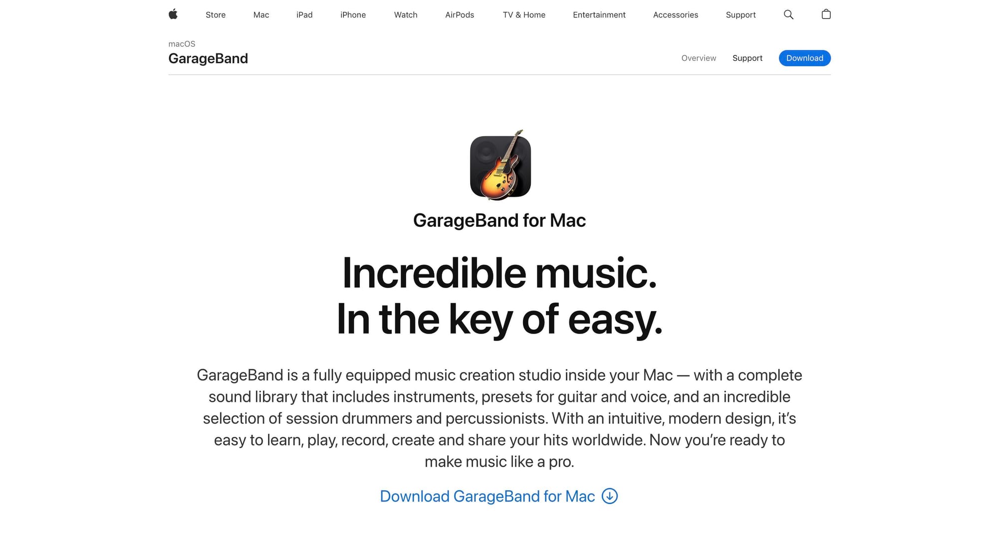 GarageBand's homepage