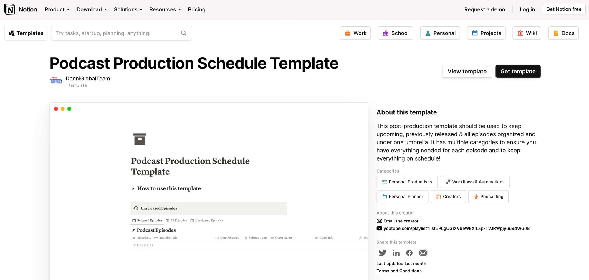 Notion's Podcast Production Schedule template