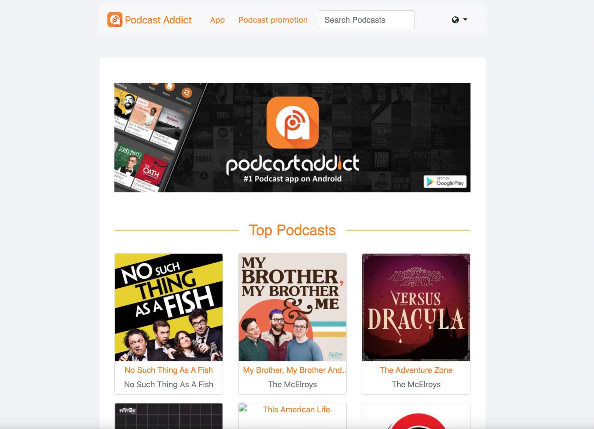 Podcast Addict's homepage