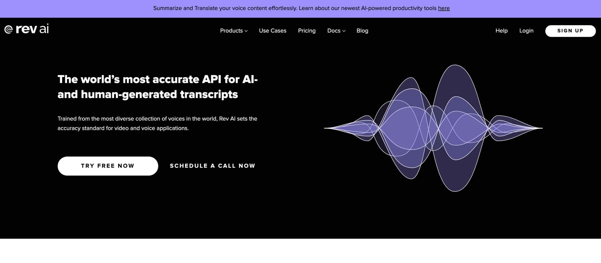 AI tool Rev AI's website homepage.