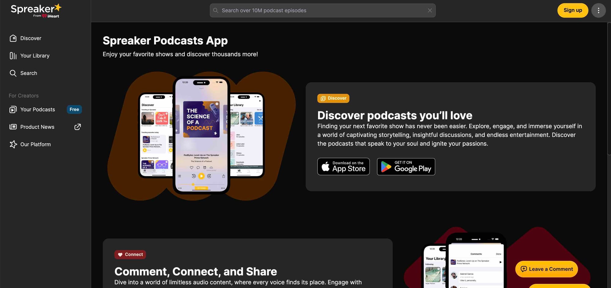 Spreaker Podcast App's homepage