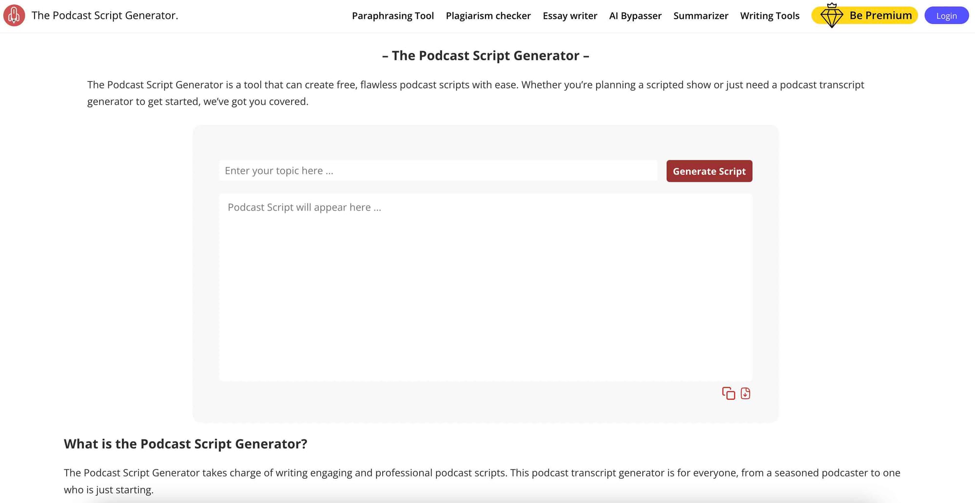 The Podcast Script Generator's website homepage.