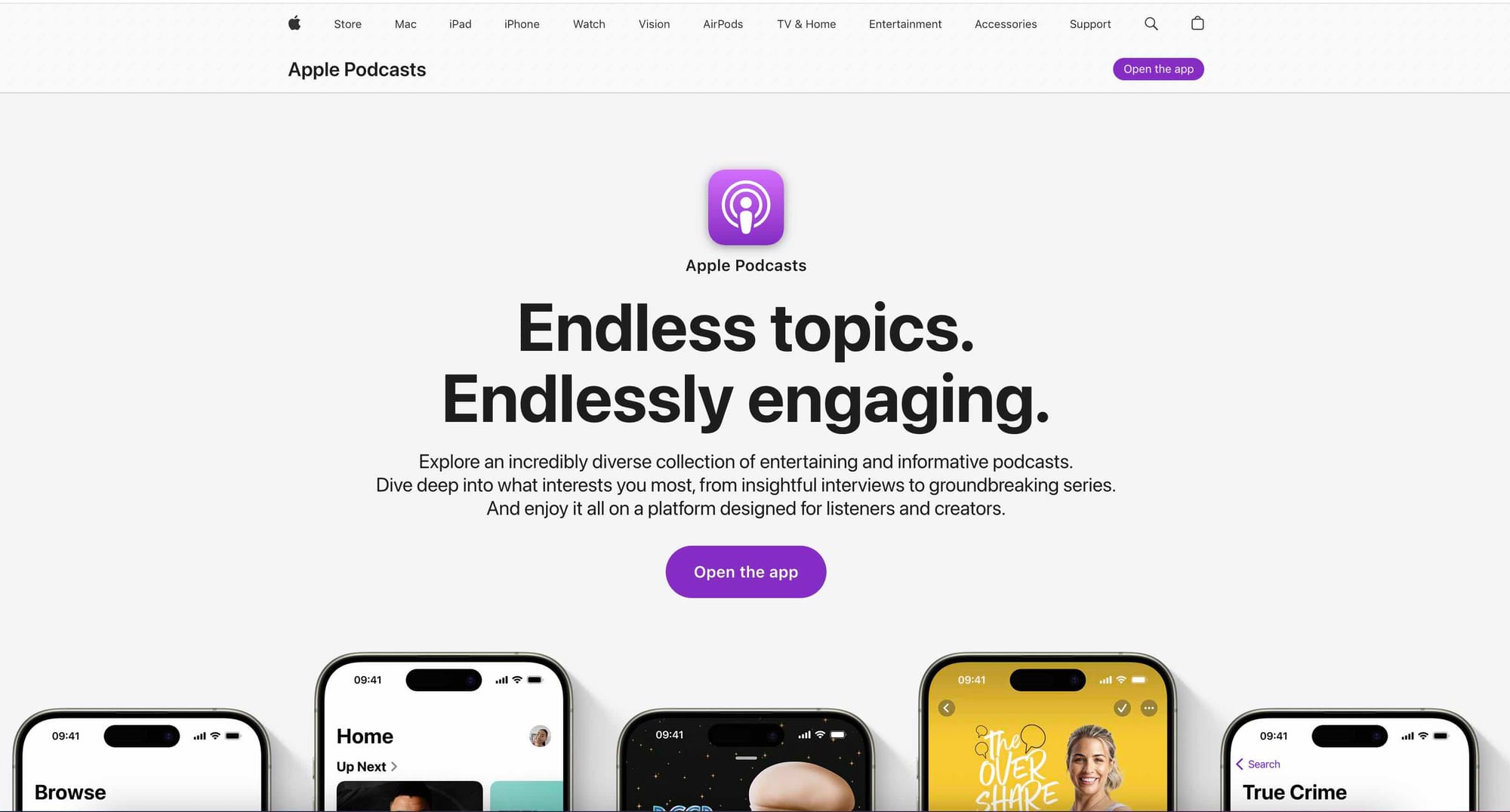 A shot of Apple Podcasts' website homepage