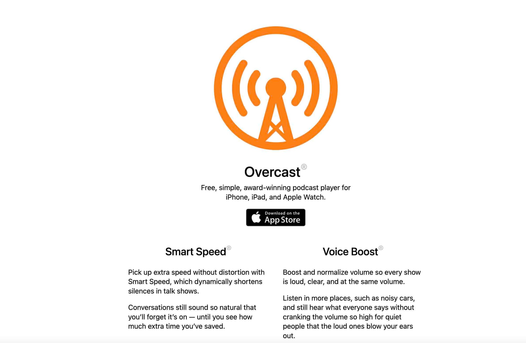 A shot of Overcast's website homepage