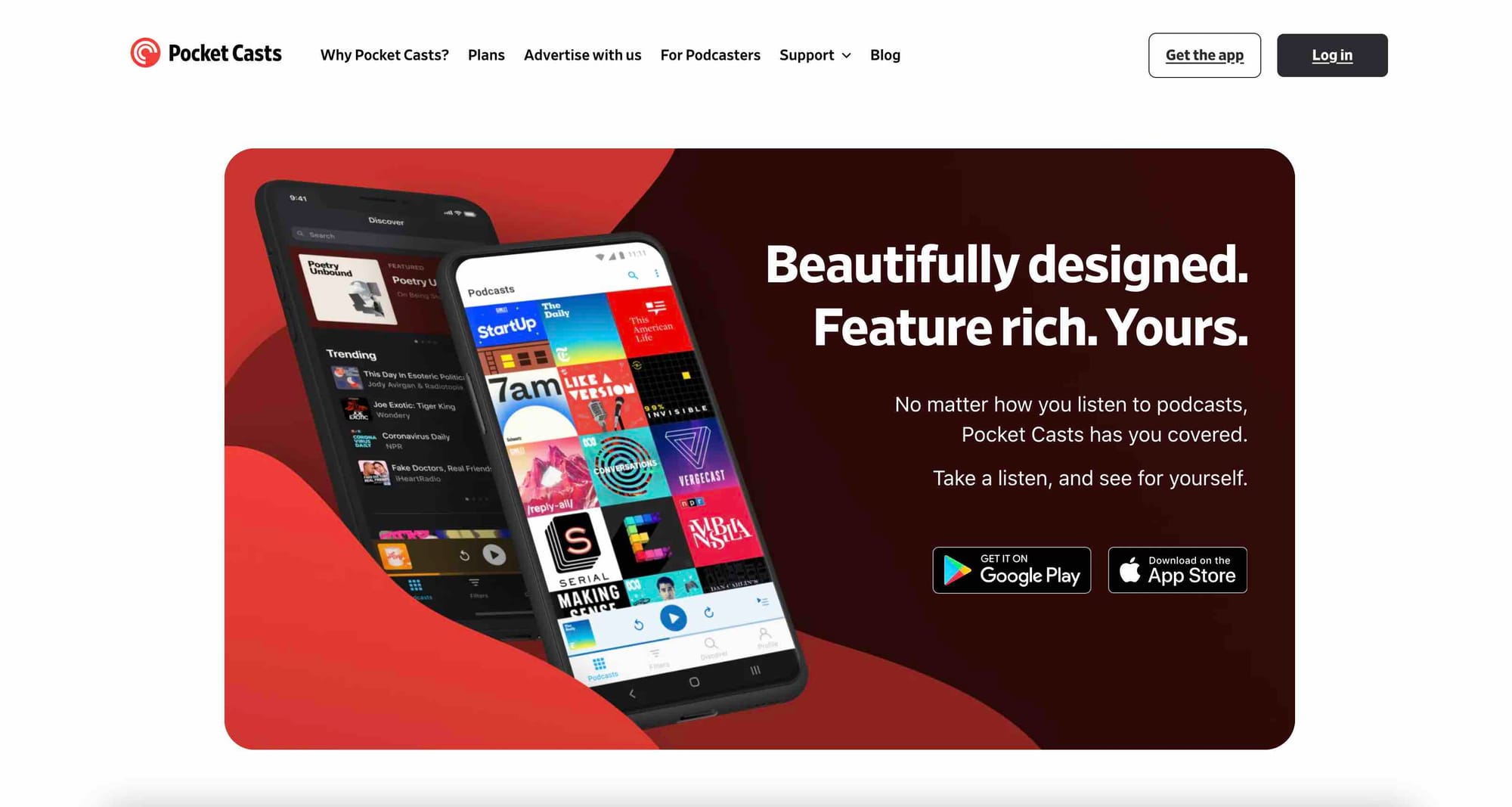 A shot of Pocket Casts' website homepage