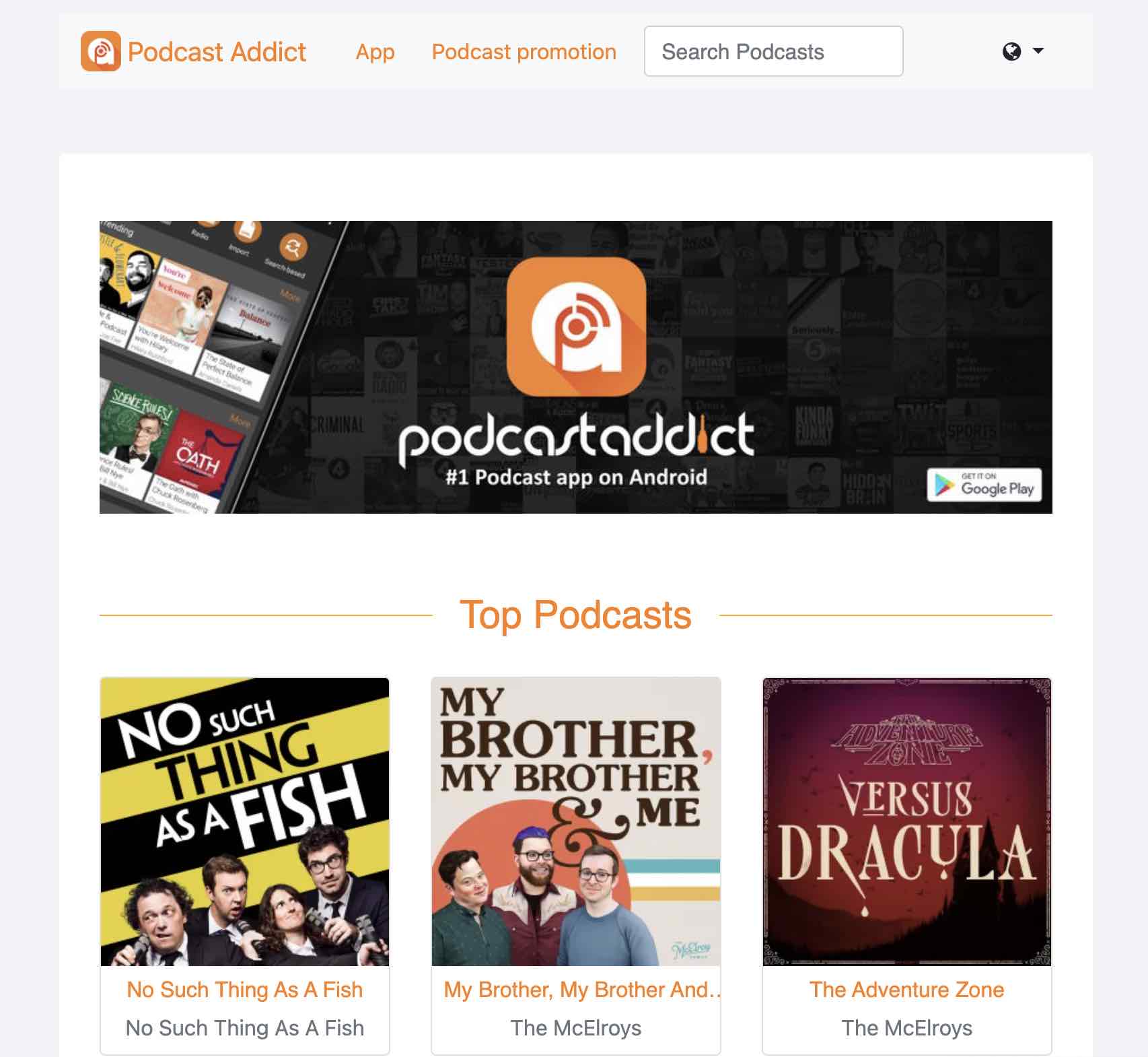 A shot of Podcast Addict's website homepage