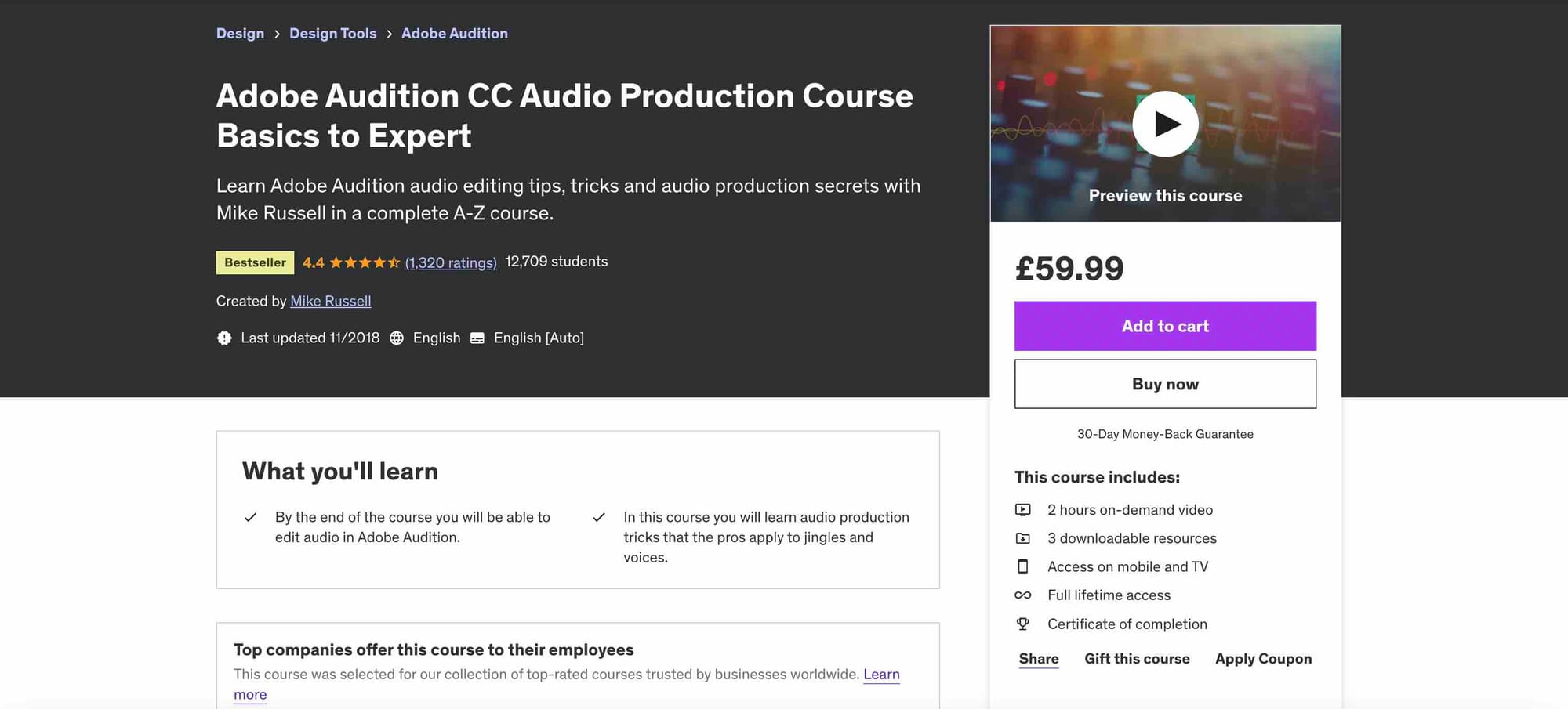 Adobe Audition CC Audio Production Course promotional banner.