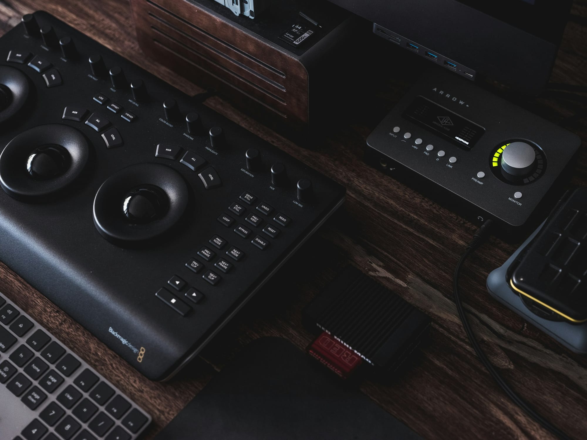 audio interface and mixer set up on a desk