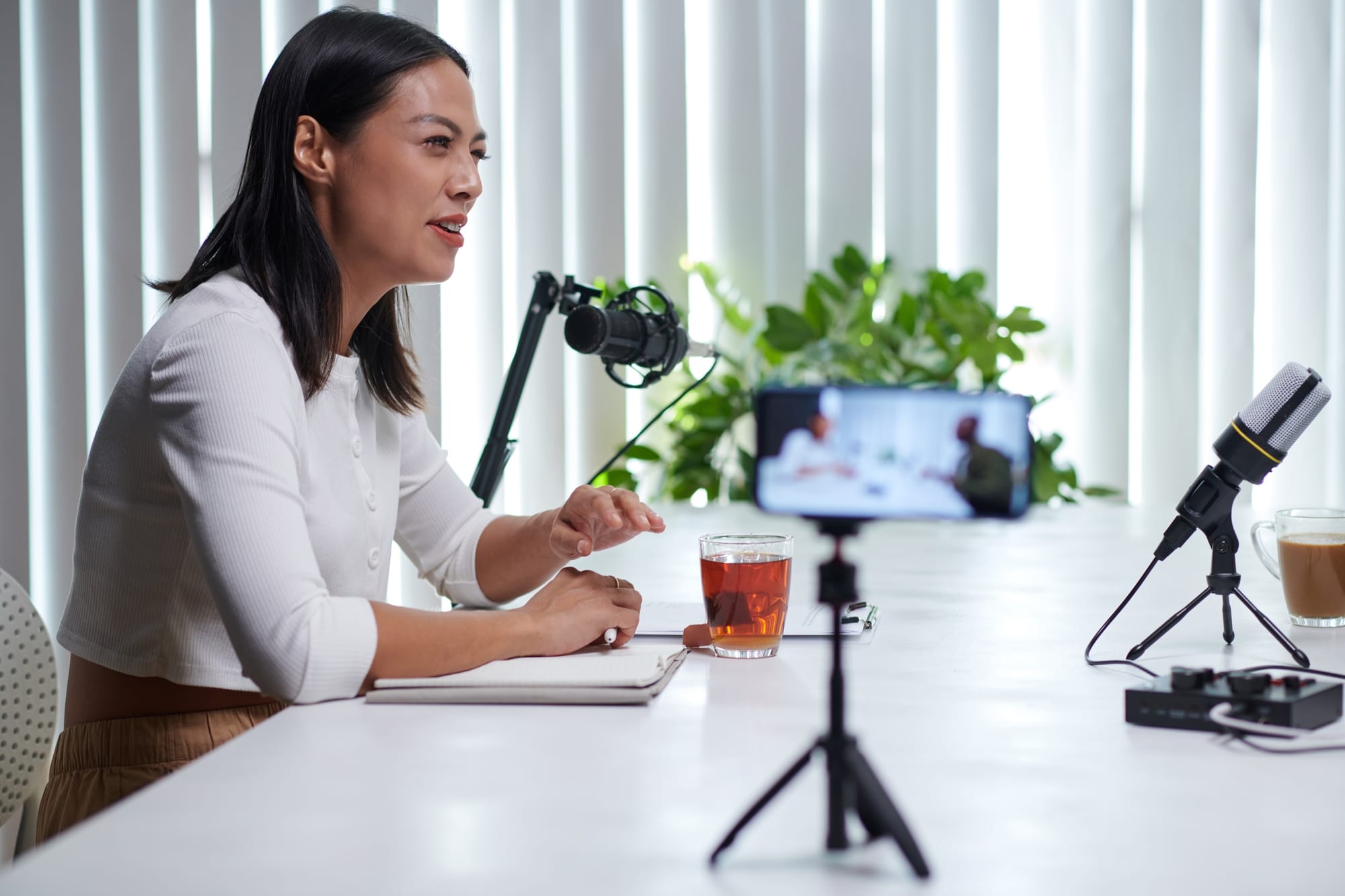 Woman talking in podcast interview