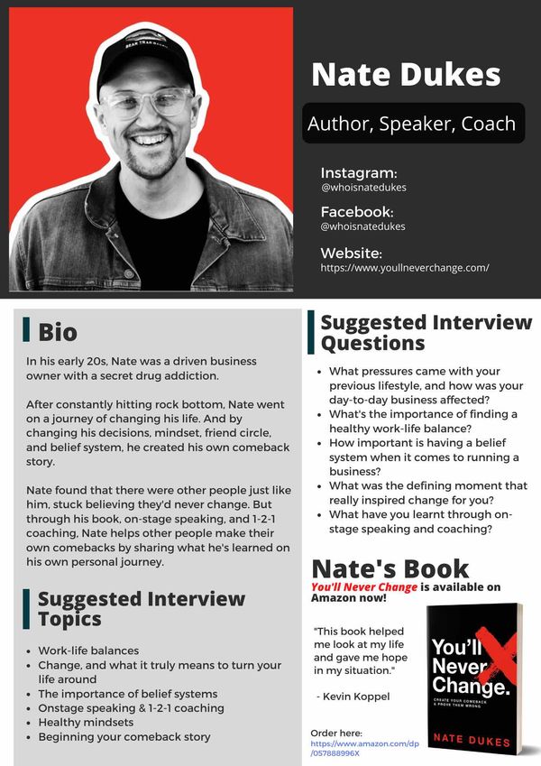 An example podcast one sheet for author and speaker, Nate Dukes.